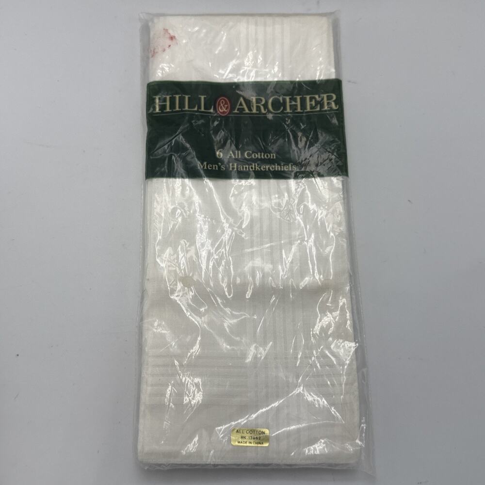 NOS New Hill & Archer Unopened All Cotton Mens Handkerchiefs White Vintage 6qty